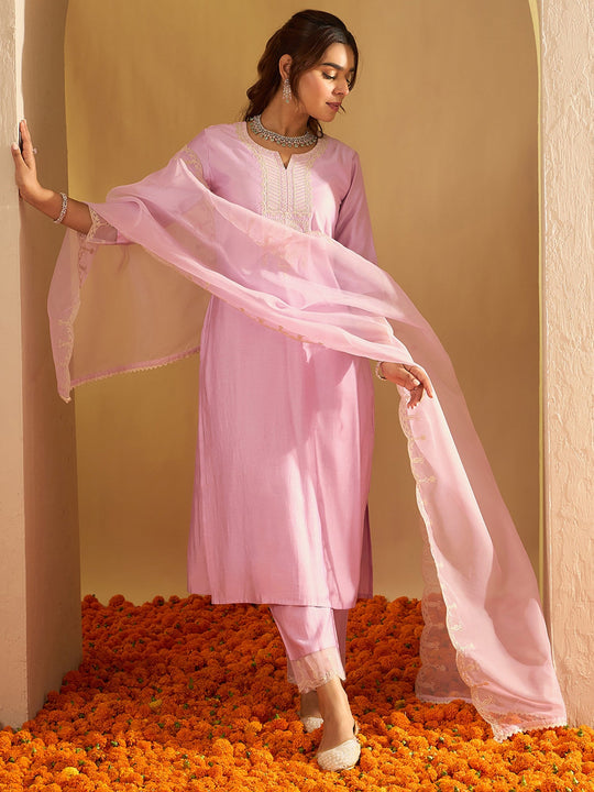 Indo Era Lavender Embroidered Straight Kurta Trousers With Dupatta Set