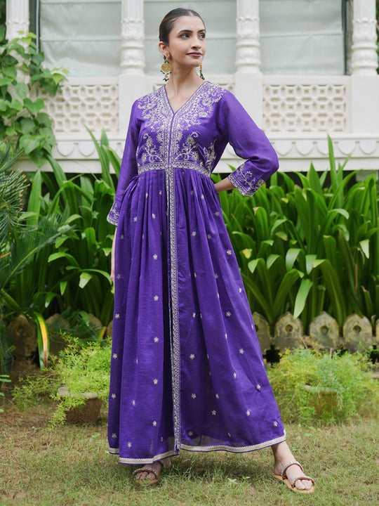Indo Era Purple Embroidered A-Line Kurta Trousers set