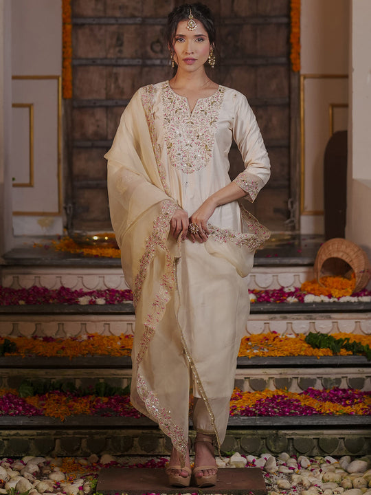 Indo Era Off White Embroidered Straight Kurta Trousers With Dupatta set