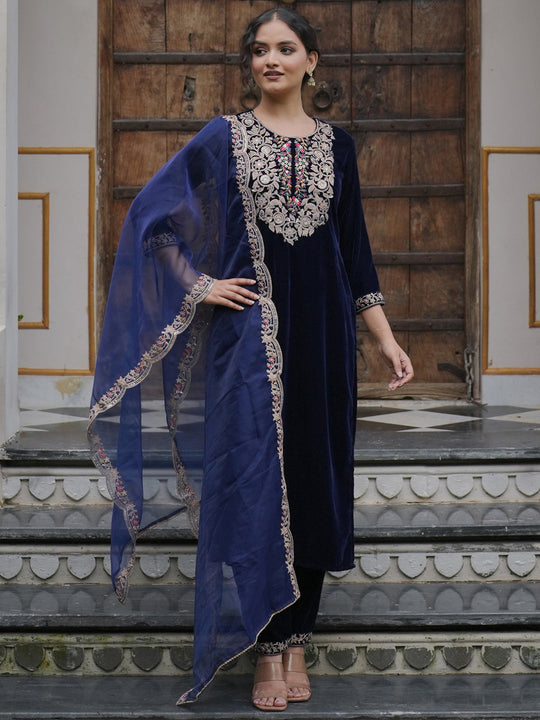Indo Era Blue Embroidered Straight Kurta Trousers With Dupatta set