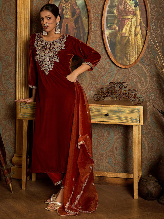 Indo Era Rust  Straight Kurta Trousers With Dupatta Set