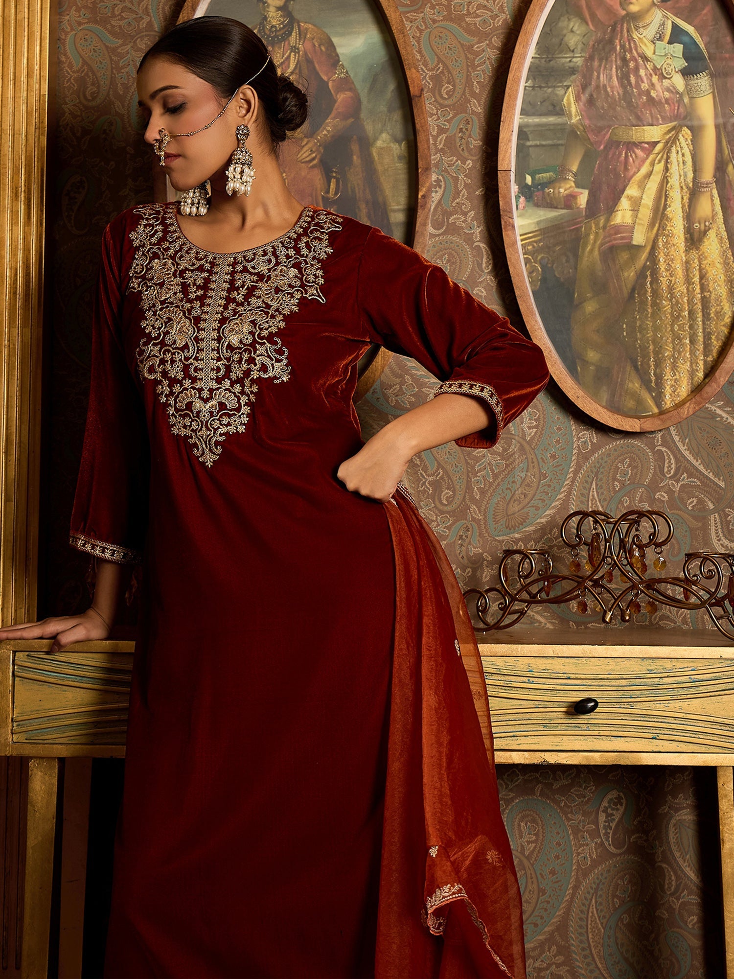 indo era, suit, kurta set for women, indo era kurta, kurta sets for ladies, summer dresses for women, 3 piece suit, cotton kurta set for women, new arrivals, women kurti plazo set, women in suit, kurta suit, floral kurta, short suit, spring summer, Rust suit