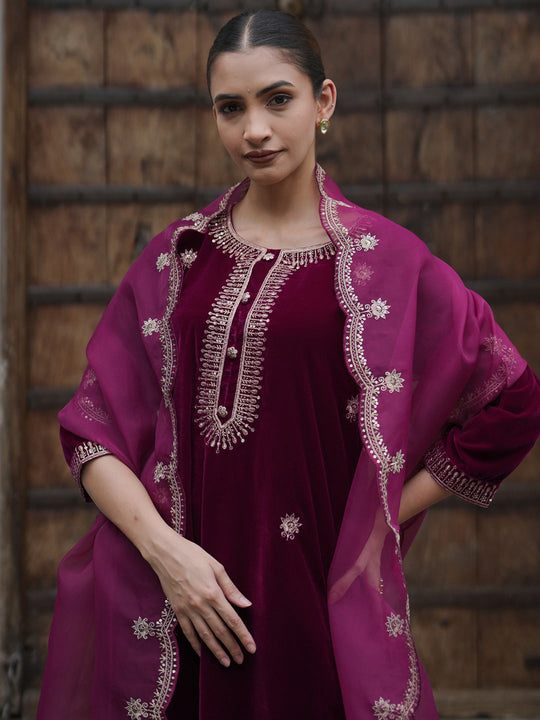Indo Era Burgundy Embroidered Straight Kurta Trousers With Dupatta set