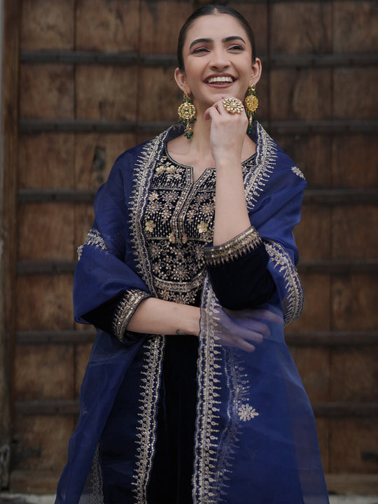 Indo Era Blue Embroidered Straight Kurta Trousers With Dupatta set