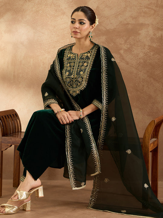 Indo Era Green  Straight Kurta Trousers With Dupatta Set
