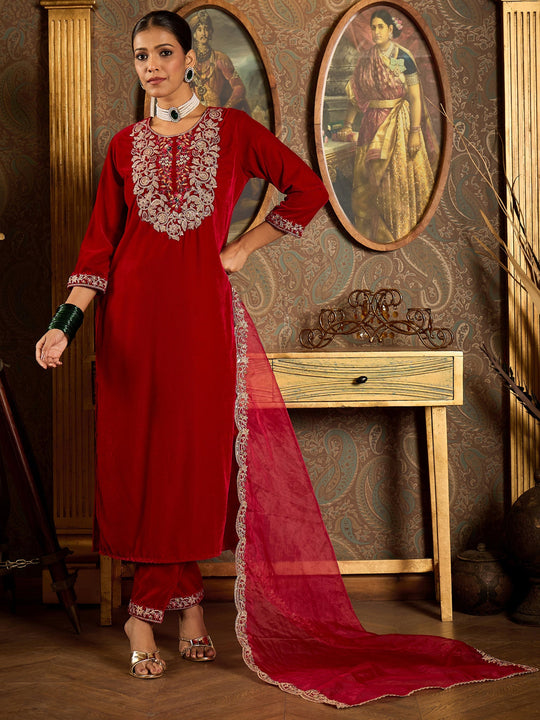 Indo Era Pink  Straight Kurta Trousers With Dupatta Set