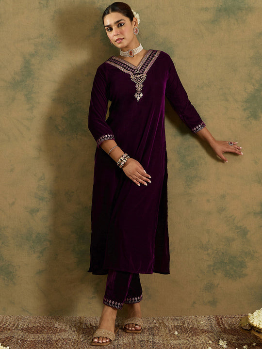 Indo Era Purple Embroidered Straight Kurta Trousers  Set