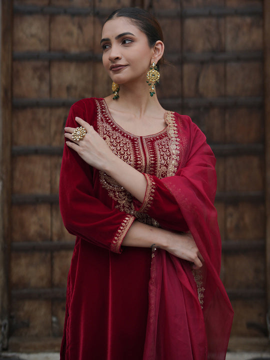 Indo Era Red Embroidered Straight Kurta Trousers With Dupatta set