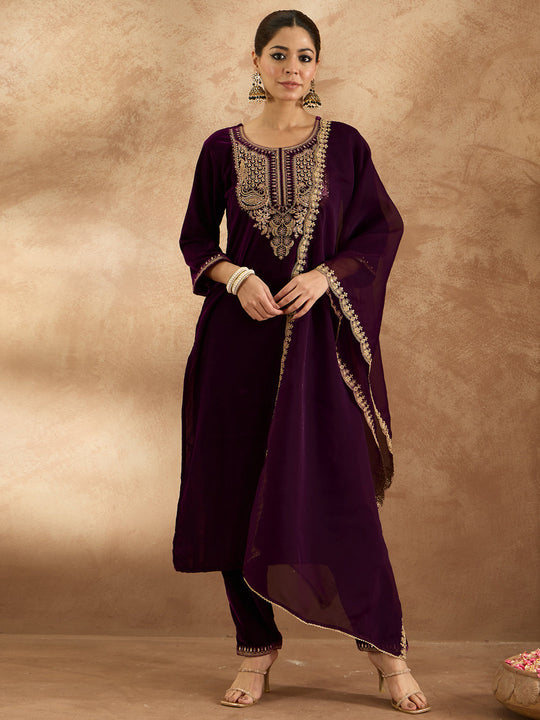 Indo Era Purple  Straight Kurta Trousers With Dupatta Set