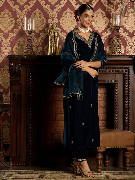 Indo Era Teal  Straight Kurta Trousers With Dupatta Set