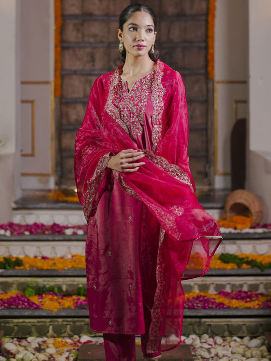 Indo Era Pink Embroidered Straight Kurta Trousers With Dupatta Set