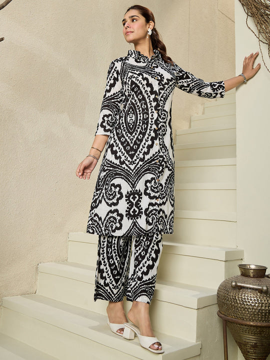 Indo Era White Printed A-Line Kurta Palazzos set