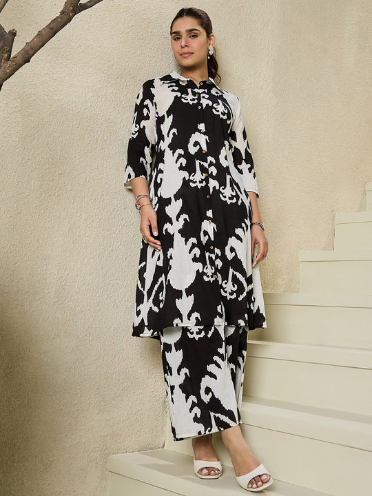 Black Printed Pure Cotton A-Line Kurta With Trouser