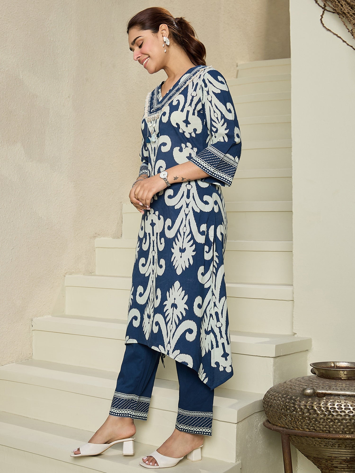 indo era, suit, kurta set for women, indo era kurta, kurta sets for ladies, summer dresses for women, 3 piece suit, cotton kurta set for women, new arrivals, women kurti plazo set, women in suit, kurta suit, floral kurta, short suit, spring summer, Blue suit
