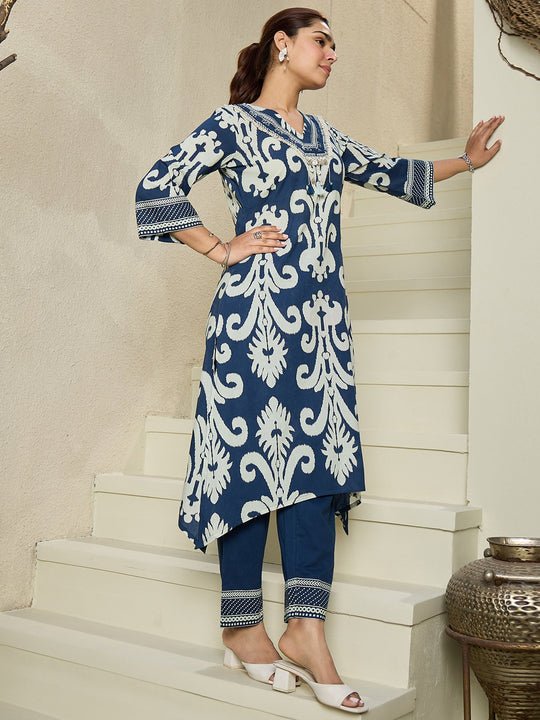 Indo Era Blue Printed A-Line Kurta Trousers set
