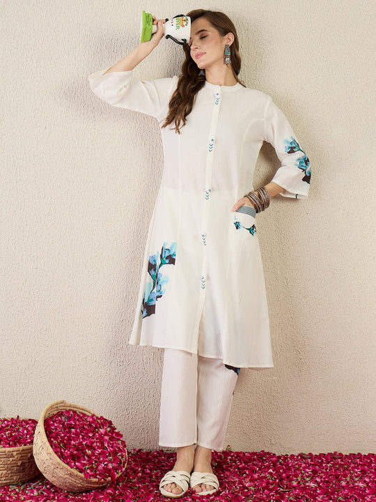 White Printed Pure Cotton Straight Kurta Sets