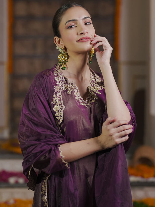 Indo Era Burgundy Embroidered Straight Kurta Trousers With Dupatta Set