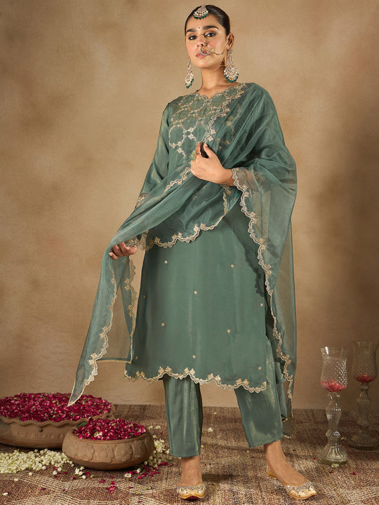 Indo Era Green Embroidered Straight Kurta Trousers With Dupatta Set