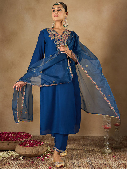 Indo Era Blue Embroidered Straight Kurta Trousers With Dupatta Set
