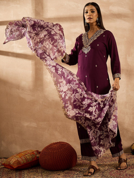 Indo Era Burgundy Embroidered Straight Kurta Trousers With Dupatta Set