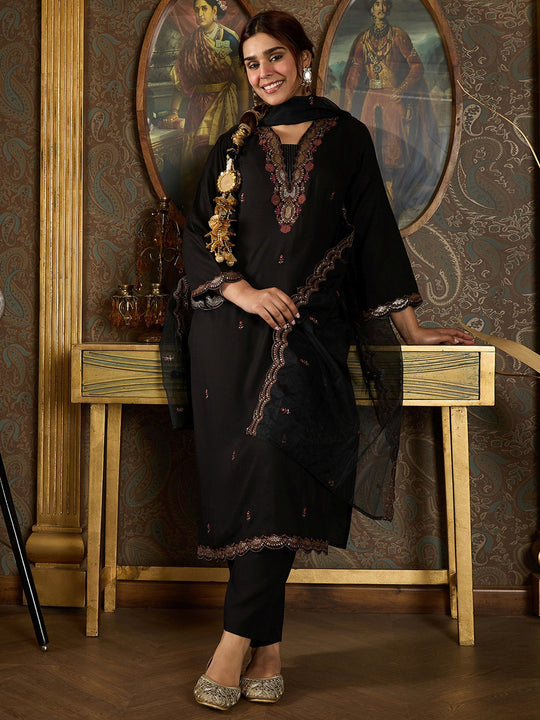 Indo Era Black Embroidered Straight Kurta With Dupatta Set