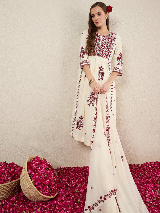 Off White Embroidered Viscose Rayon A-Line Kurta Sets With Dupatta