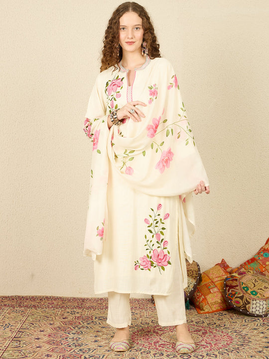 Women Off White Embroidered Viscose Rayon Straight Kurta Sets With Dupatta