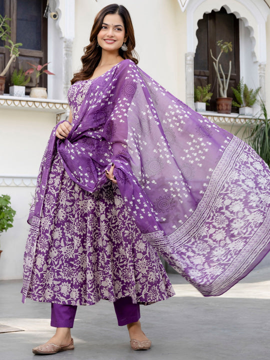 Indo Era Purple Printed Anarkali Kurta Trousers With Dupatta Set
