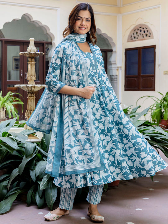 Indo Era Blue Printed Anarkali Kurta Trousers With Dupatta Set