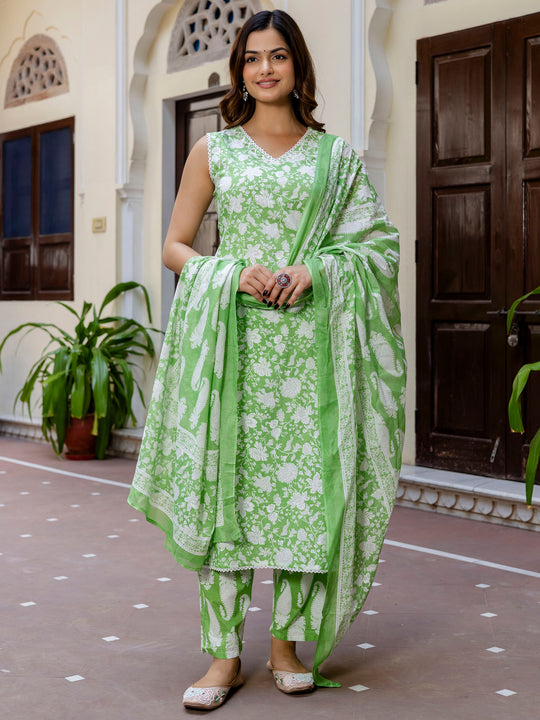 Indo Era Green Printed Straight Kurta Trousers With Dupatta Set