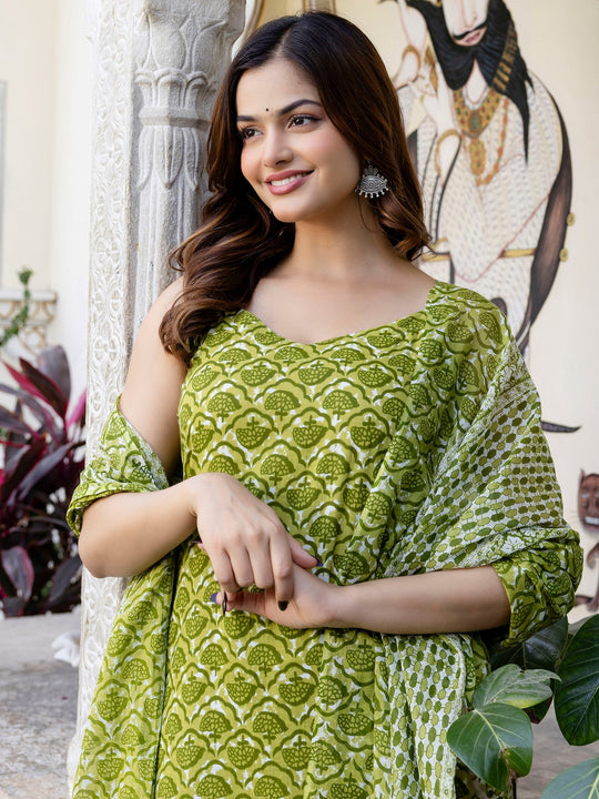 Indo Era Green Printed Straight Kurta Trousers With Dupatta Set