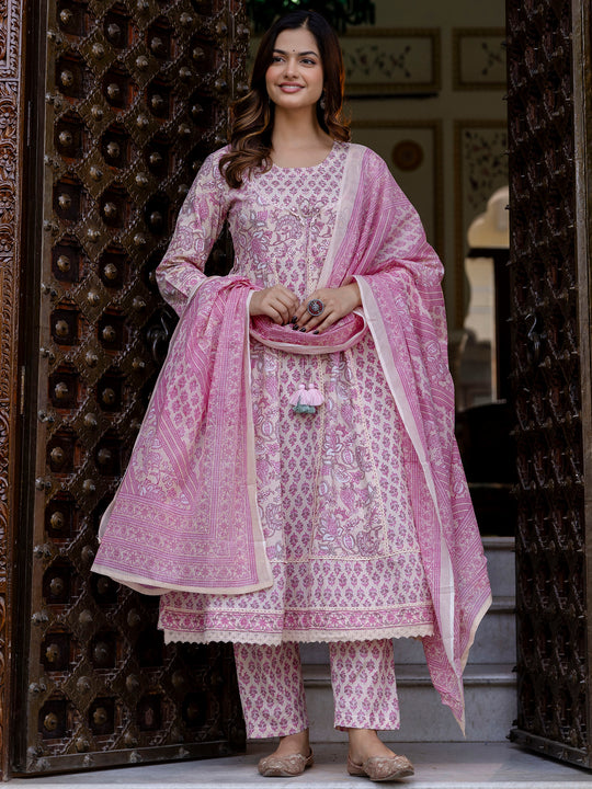 Indo Era Pink Printed Anarkali Kurta Trousers With Dupatta Set
