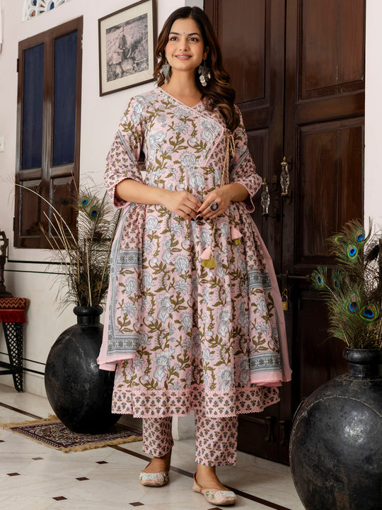 Indo Era Pink Printed A-line Kurta Trousers With Dupatta Set