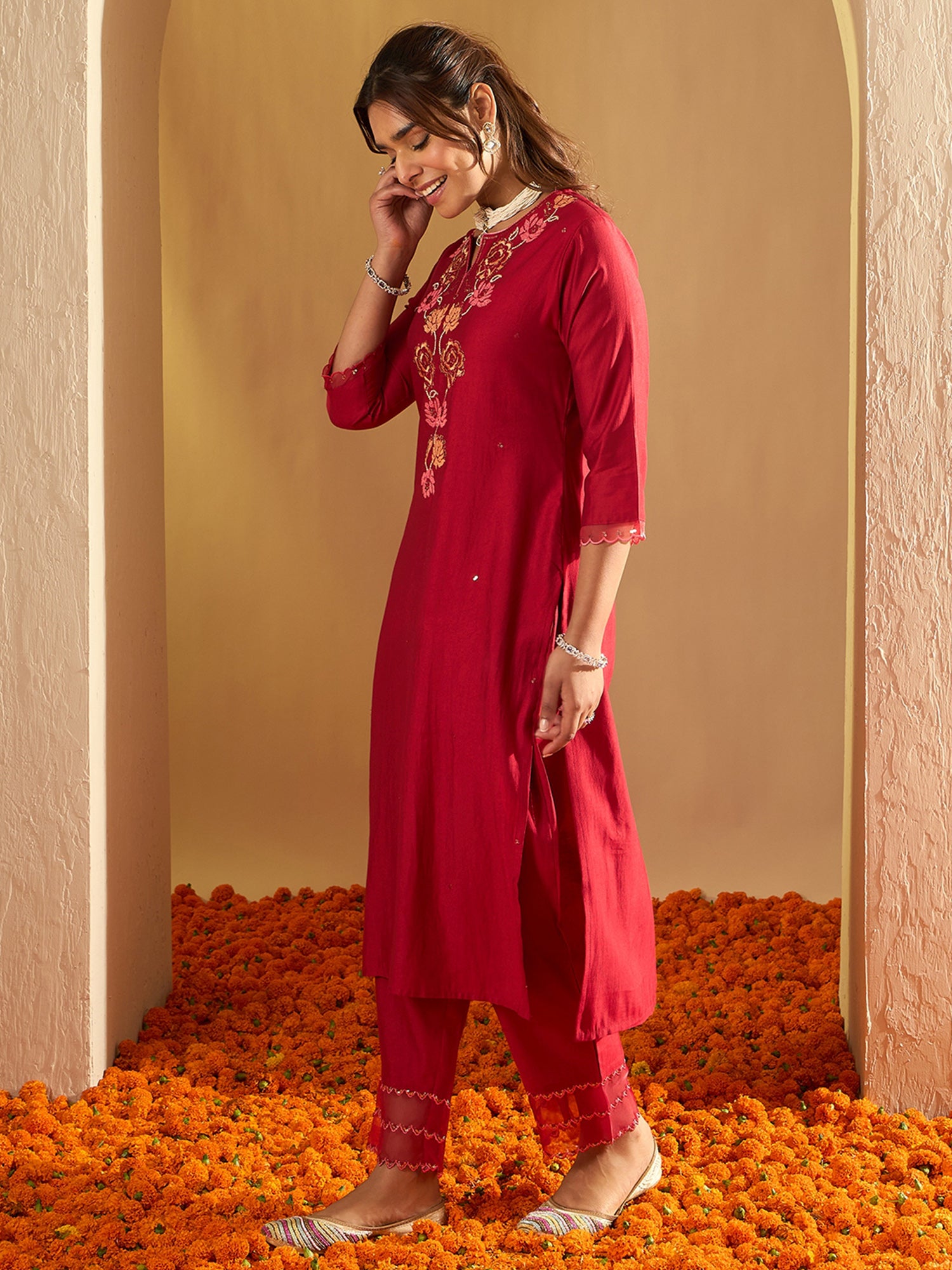 indo era, suit, kurta set for women, indo era kurta, kurta sets for ladies, summer dresses for women, 3 piece suit, cotton kurta set for women, new arrivals, women kurti plazo set, women in suit, kurta suit, floral kurta, short suit, spring summer, Red suit