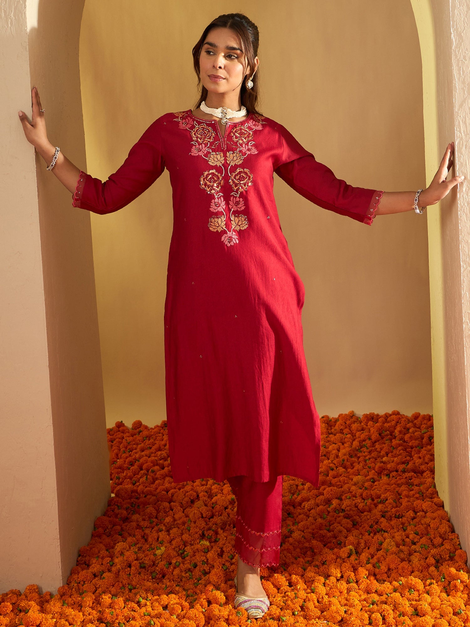 indo era, suit, kurta set for women, indo era kurta, kurta sets for ladies, summer dresses for women, 3 piece suit, cotton kurta set for women, new arrivals, women kurti plazo set, women in suit, kurta suit, floral kurta, short suit, spring summer, Red suit