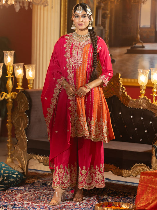 Pink Embroidered Silk Blend Anarkali Suit With Dupatta