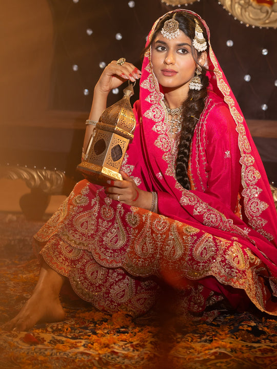 Pink Embroidered Silk Blend Anarkali Suit With Dupatta