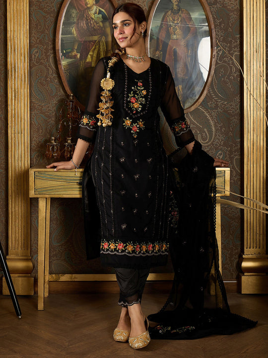 Indo Era Black Embroidered Straight Kurta Trousers With Dupatta
