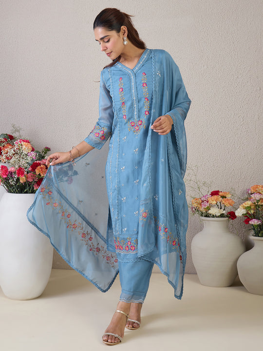 Indo Era Blue Embroidered Straight Kurta Trousers With Dupatta Set