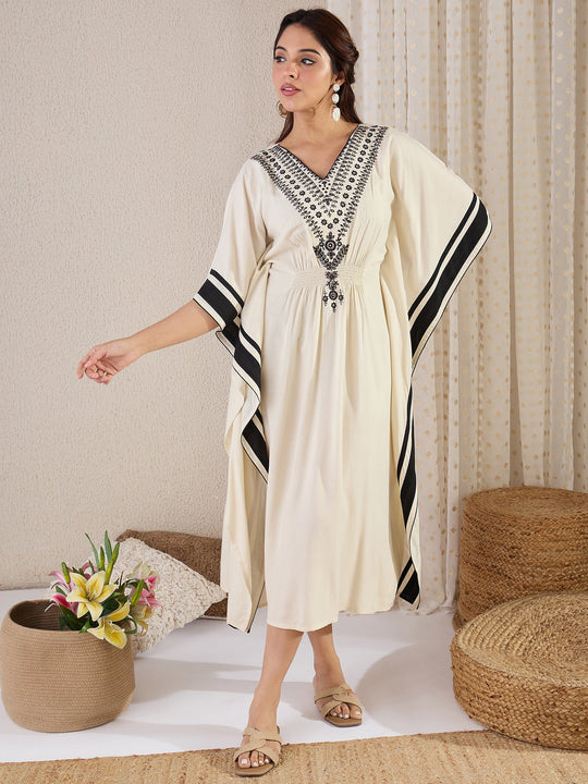 Off White Floral Embroidered A-Line Viscose Rayon Kaftan Kurtas