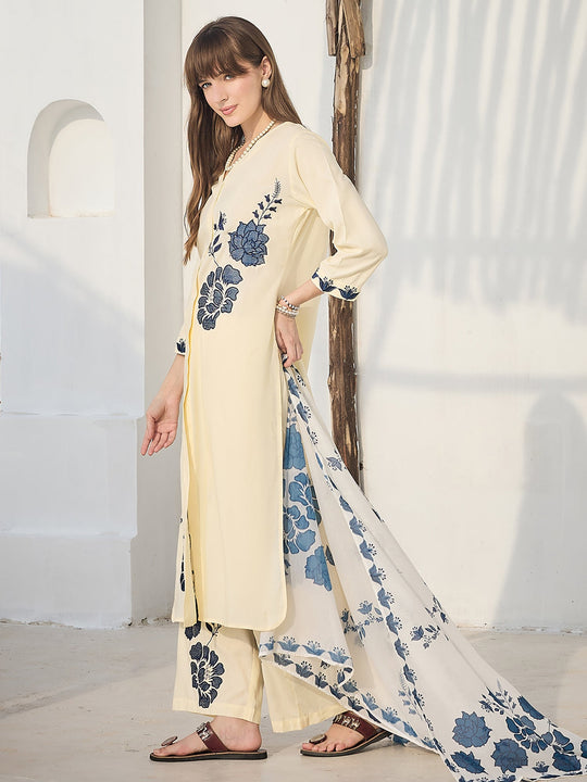 Indo Era Off White Printed Straight Kurta Palazzos With Dupatta Set