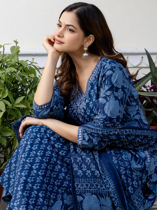 Indo Era Blue Embroidered A-Line Kurta Trousers With Dupatta Set