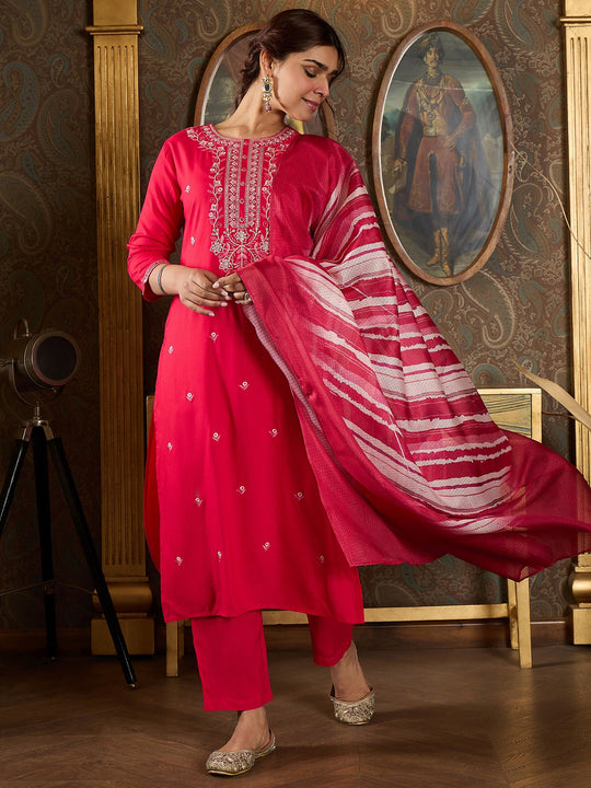 Indo Era Pink Embroidered Straight Kurta Trousers With Dupatta Set