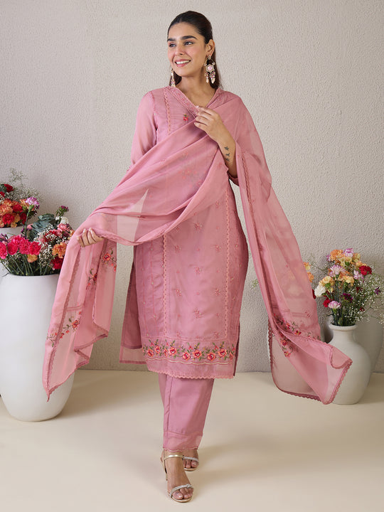 Indo Era Pink Embroidered Straight Kurta Trousers With Dupatta Set