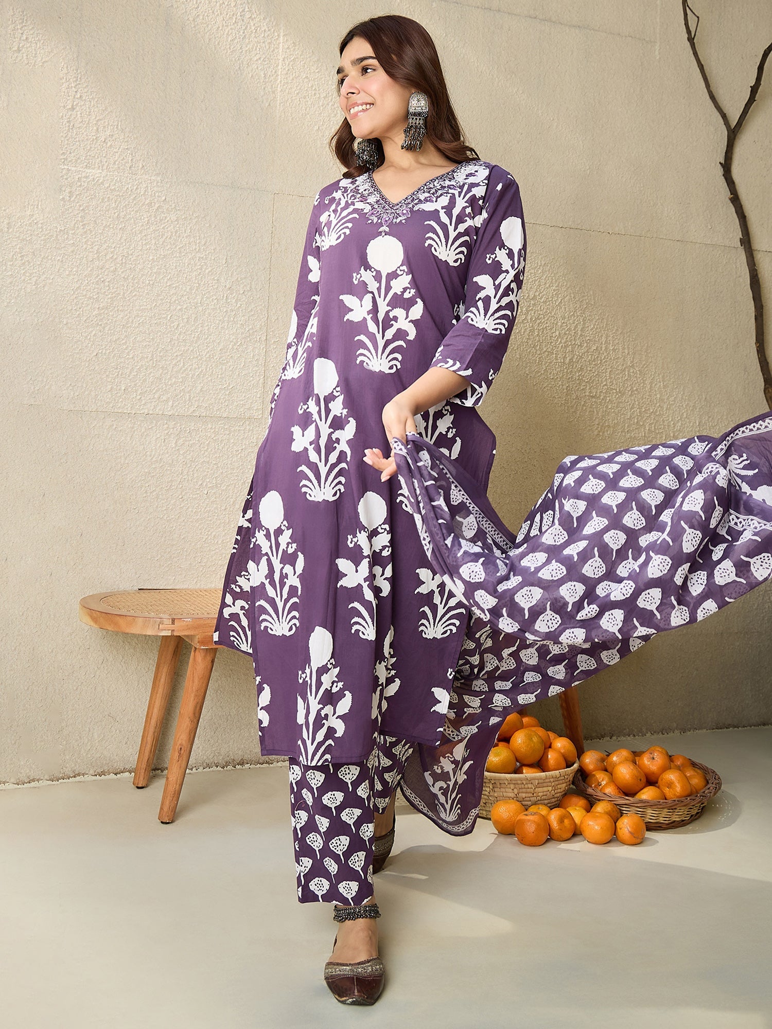 indo era, suit, kurta set for women, indo era kurta, kurta sets for ladies, summer dresses for women, 3 piece suit, cotton kurta set for women, new arrivals, women kurti plazo set, women in suit, kurta suit, floral kurta, short suit, spring summer, Purple suit