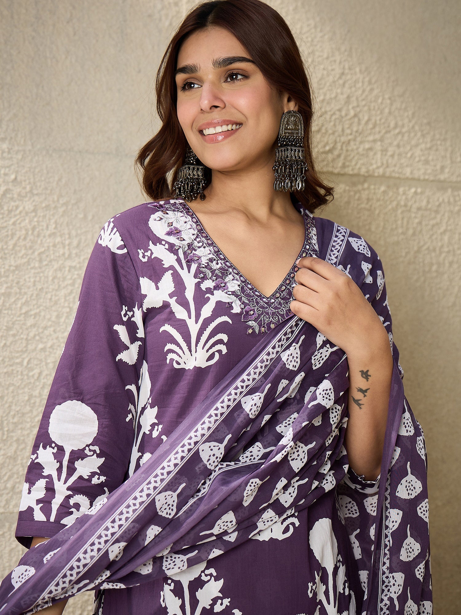 indo era, suit, kurta set for women, indo era kurta, kurta sets for ladies, summer dresses for women, 3 piece suit, cotton kurta set for women, new arrivals, women kurti plazo set, women in suit, kurta suit, floral kurta, short suit, spring summer, Purple suit