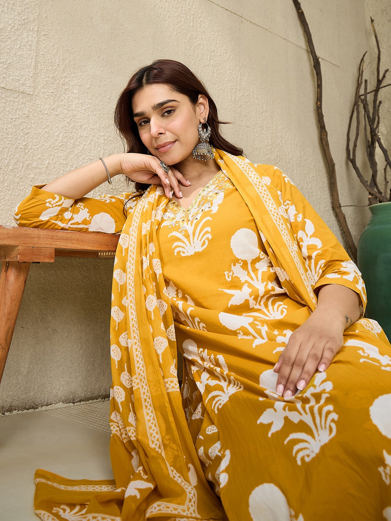 indo era, suit, kurta set for women, indo era kurta, kurta sets for ladies, summer dresses for women, 3 piece suit, cotton kurta set for women, new arrivals, women kurti plazo set, women in suit, kurta suit, floral kurta, short suit, spring summer, Mustard suit