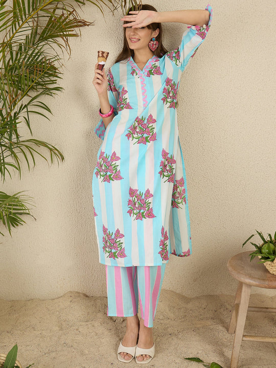 Blue Printed Straight Kurta Trouser Set