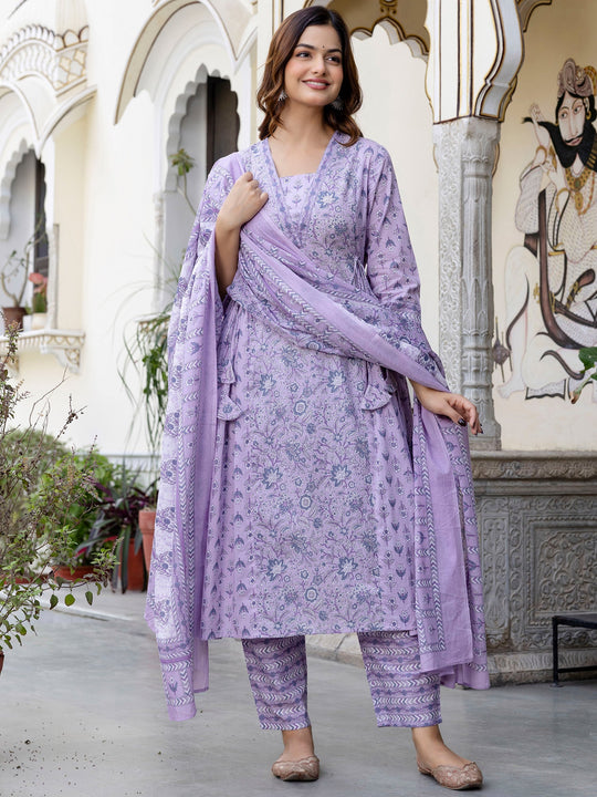 Indo Era Lavender Printed A-Line Kurta Trousers With Dupatta set