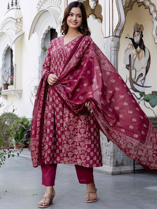 Indo Era Pink Printed A-Line Kurta Trousers With Dupatta set